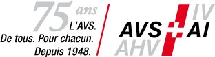 Logo du jubilé pour 2023 "75 ans L'AVS. Par tous. Pour tout le monde. Depuis 1948".